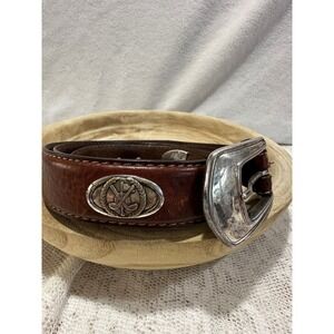 Fossil Men's Genuine Leather Belt Sterling Silver Tone Golf Buckle Brown Size 36